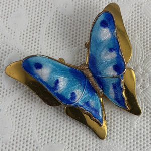 Vintage Blue Enamel Butterfly Gold Tone Brooch